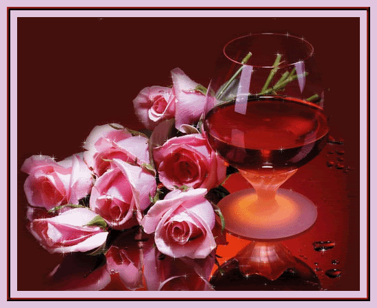 Анимация цветы,розовоые розы букет,бокал красного вина
