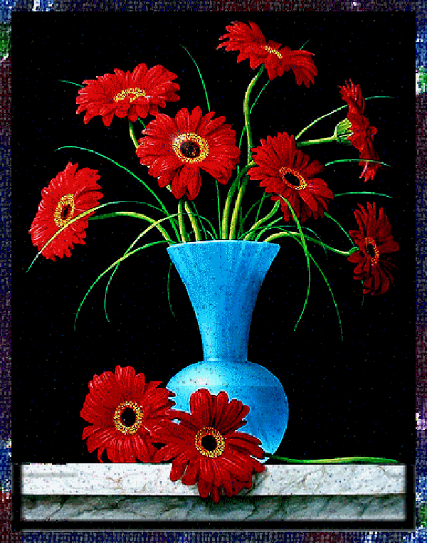 Цветы Анимация,в красивой синей вазе букет ярко красных цветов