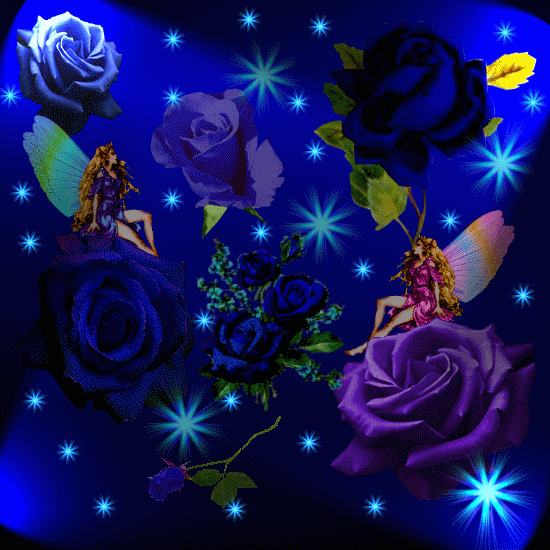 Анимация Спокойной ночи, красивые розы звезды мигают девушка с крыльями