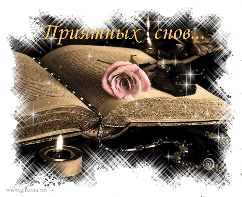 Анимация Спокойной ночи,стариная книга на ней розовая роза Приятных снов